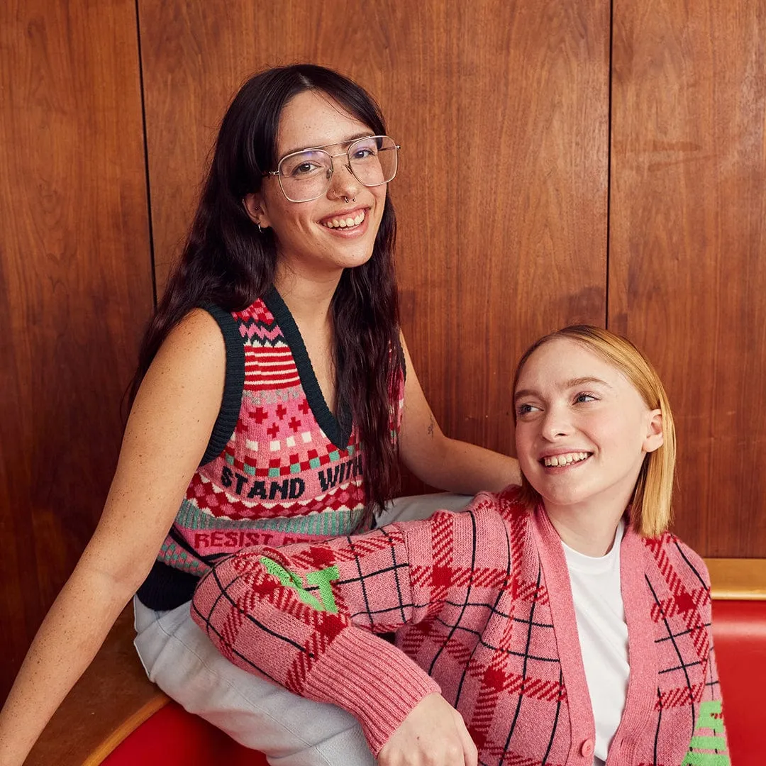 Feminist Killjoy Lambswool Cardigan in French Rose & Neon Green
