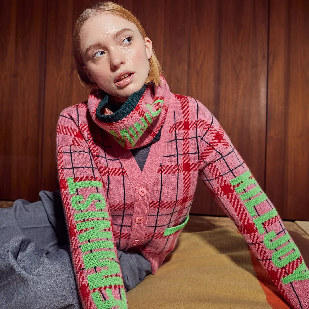 Feminist Killjoy Lambswool Cardigan in French Rose & Neon Green