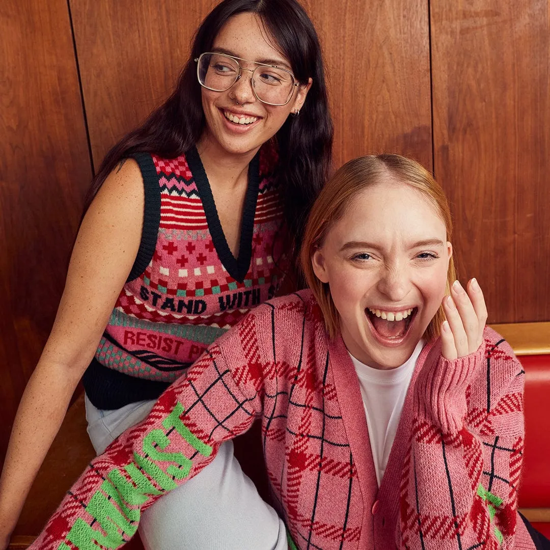 Feminist Killjoy Lambswool Cardigan in French Rose & Neon Green