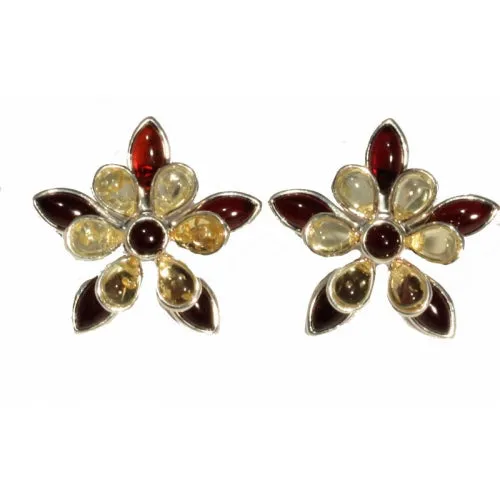 Flower Shaped Cherry Lemon Amber & Sterling Silver Earrings
