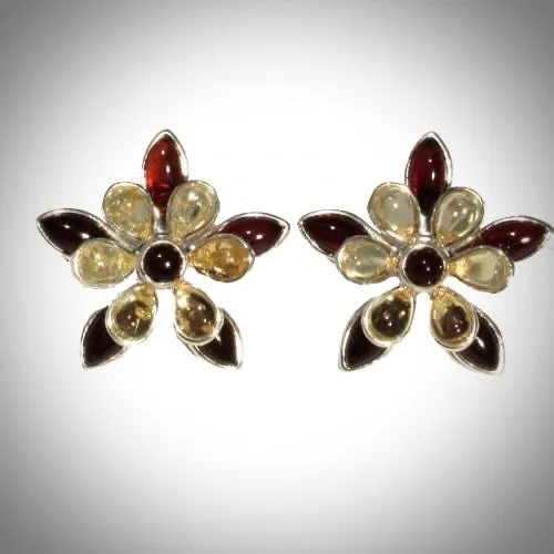 Flower Shaped Cherry Lemon Amber & Sterling Silver Earrings