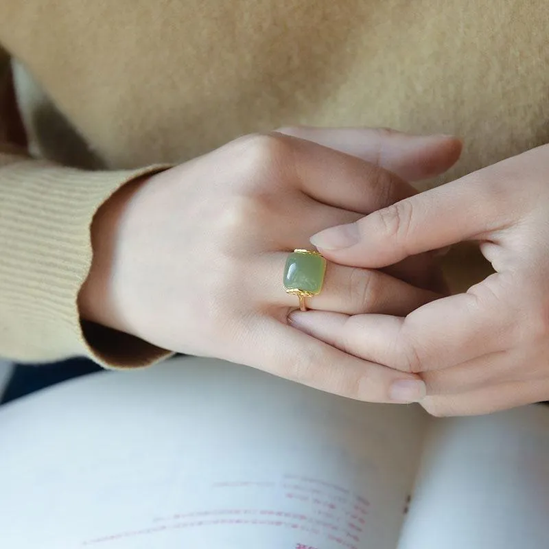 Genuine Retro Gold Jade Ring Women Wedding Jewelry