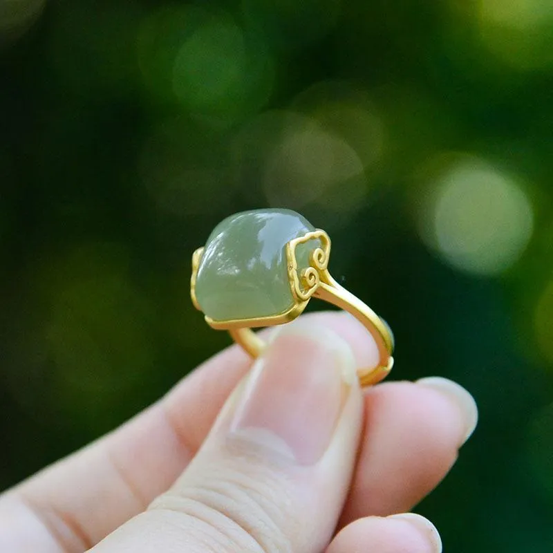 Genuine Retro Gold Jade Ring Women Wedding Jewelry
