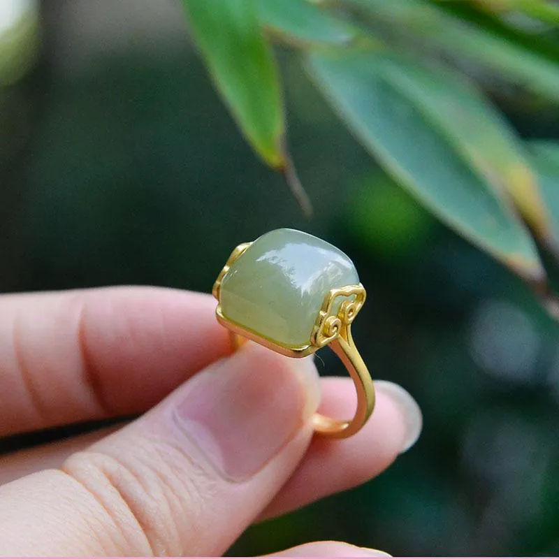Genuine Retro Gold Jade Ring Women Wedding Jewelry