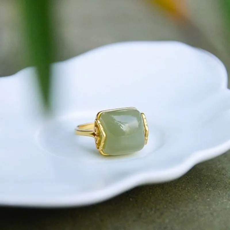 Genuine Retro Gold Jade Ring Women Wedding Jewelry