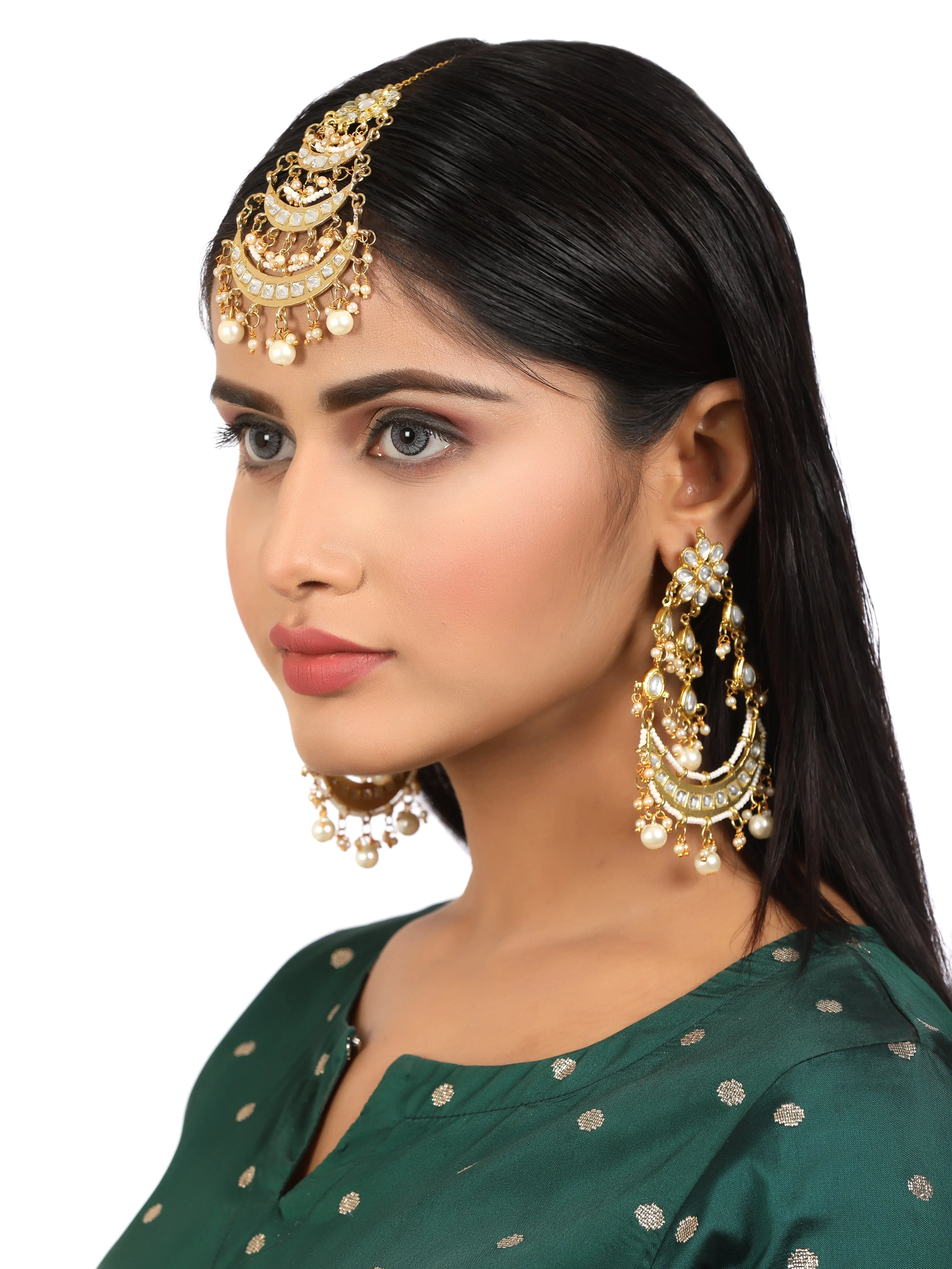Gold Plated Pearl Beads Kundan Chandbali Earrings with Maangtikka