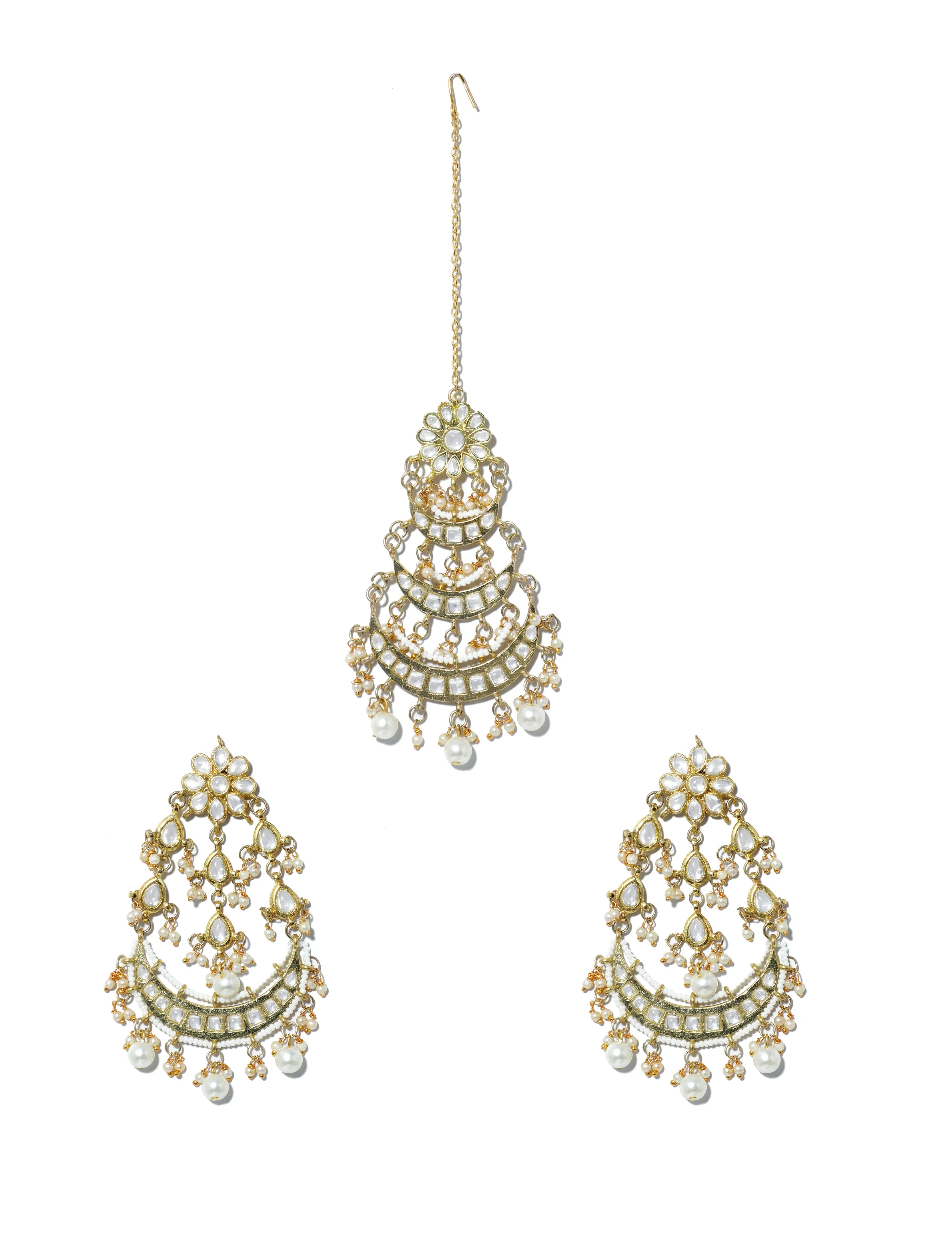Gold Plated Pearl Beads Kundan Chandbali Earrings with Maangtikka