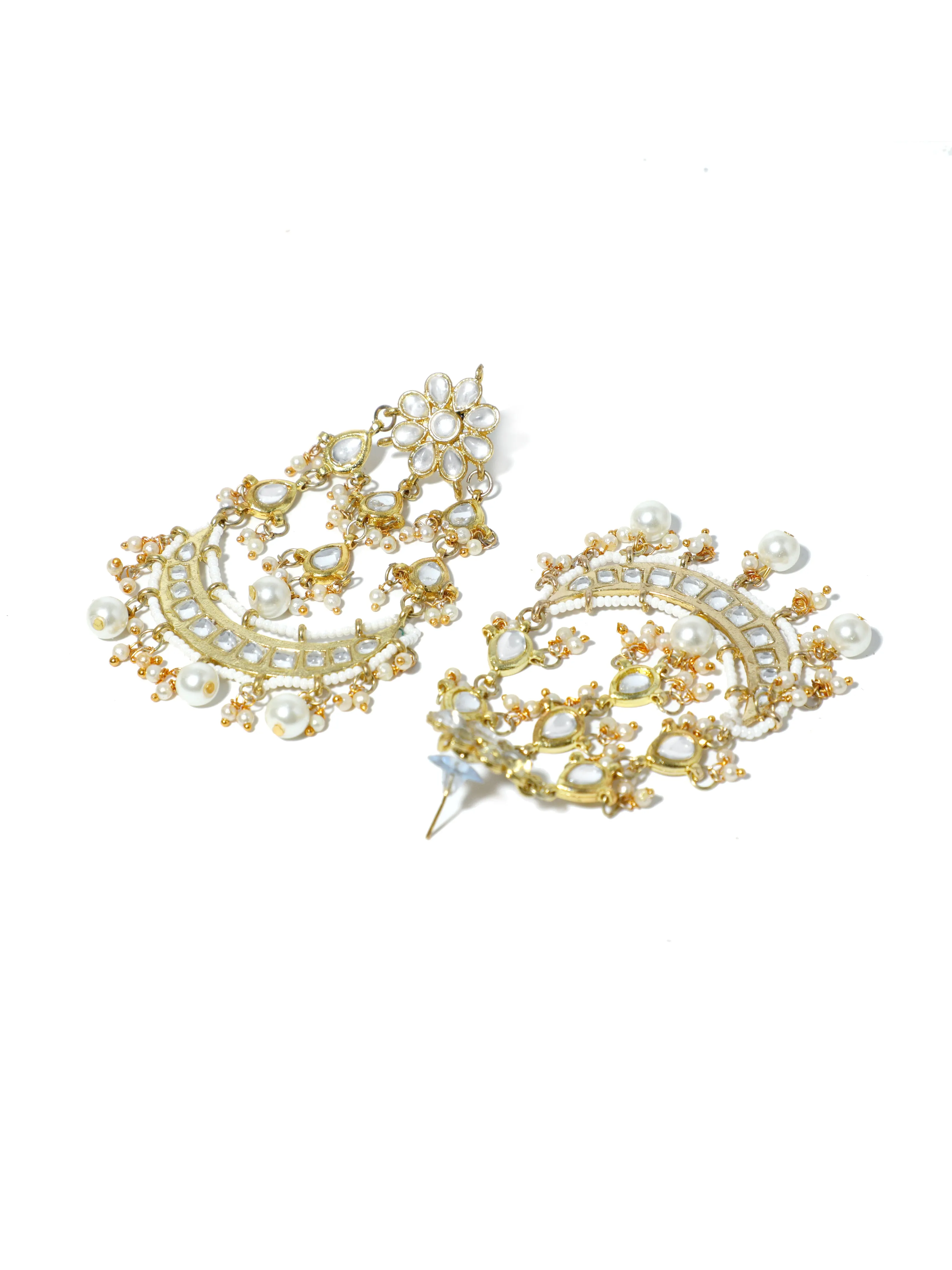 Gold Plated Pearl Beads Kundan Chandbali Earrings with Maangtikka