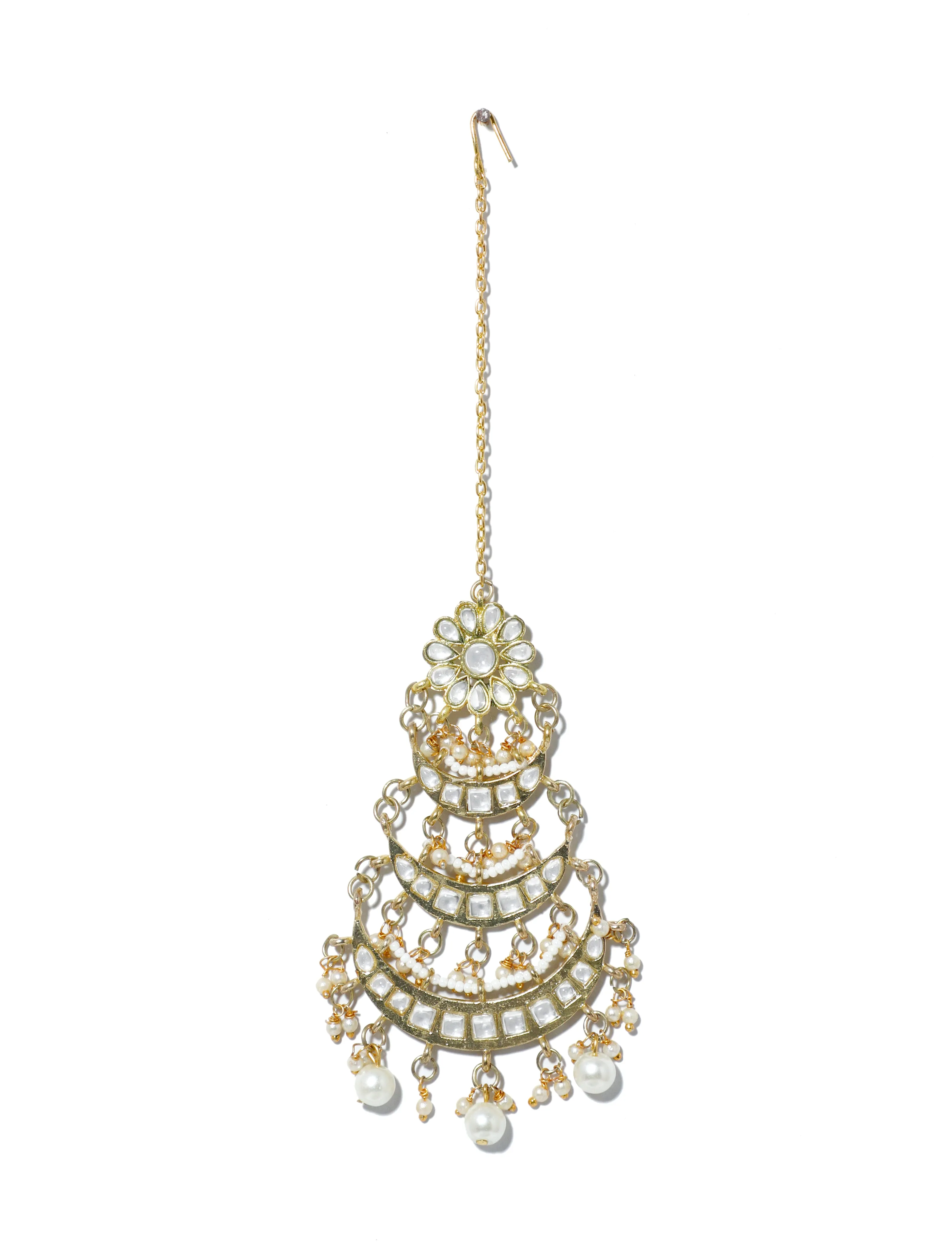 Gold Plated Pearl Beads Kundan Chandbali Earrings with Maangtikka