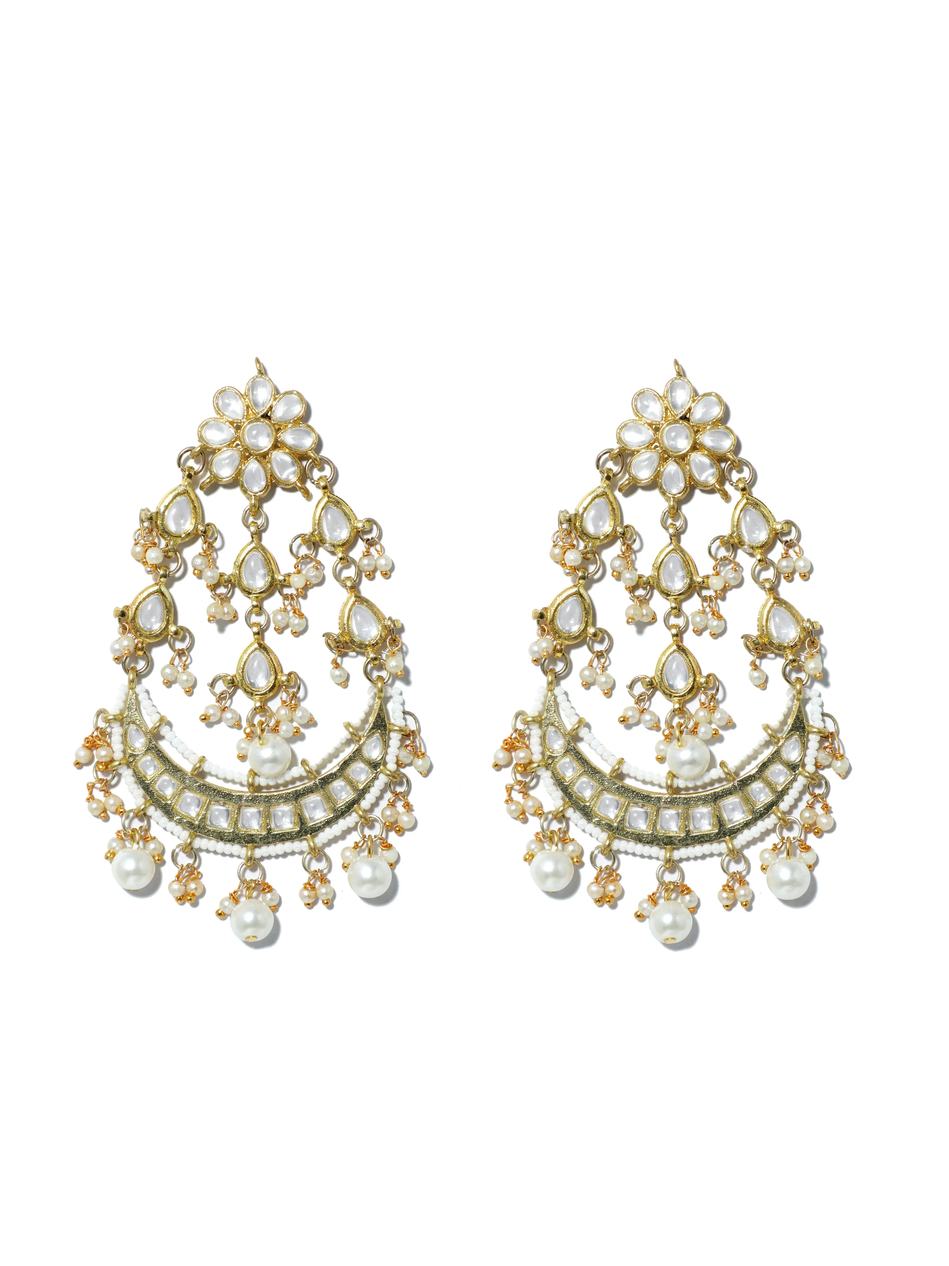 Gold Plated Pearl Beads Kundan Chandbali Earrings with Maangtikka