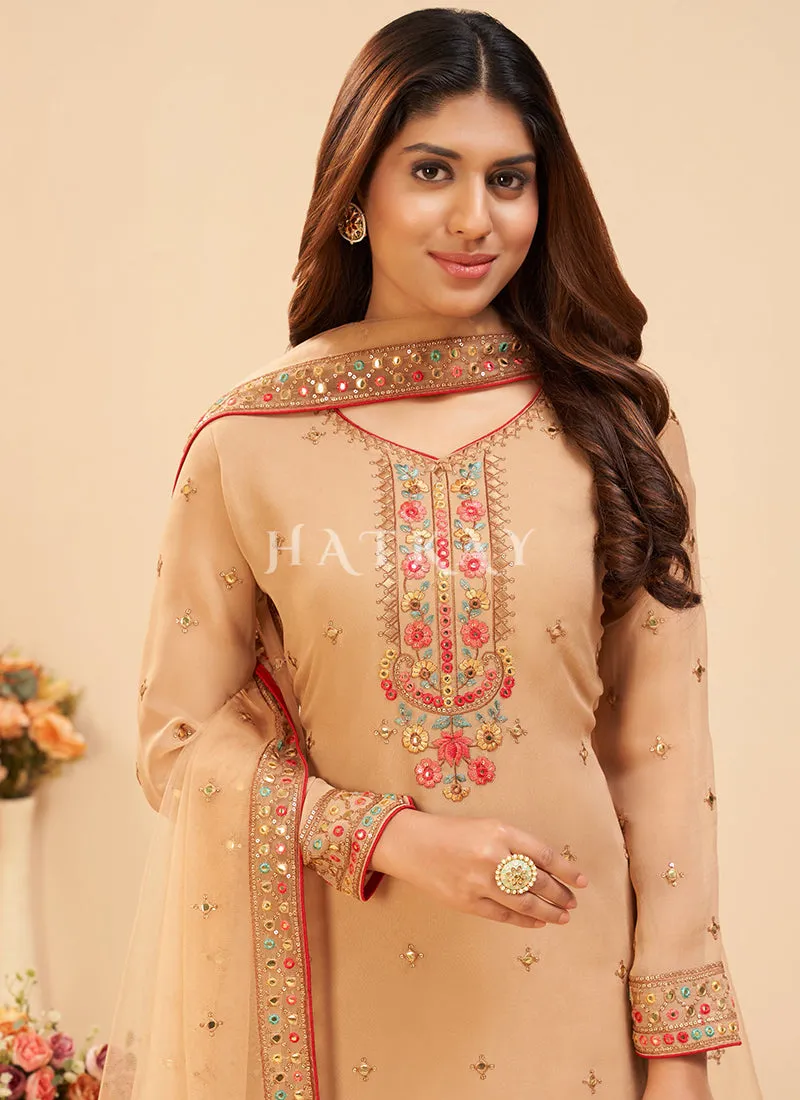 Golden Beige Multi Embroidered Georgette Gharara Suit