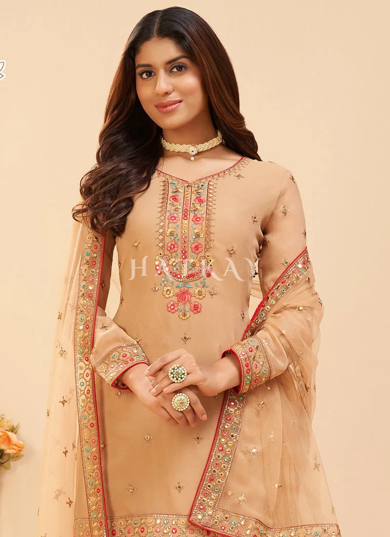 Golden Beige Multi Embroidered Georgette Gharara Suit