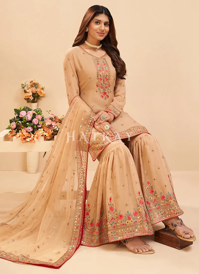 Golden Beige Multi Embroidered Georgette Gharara Suit