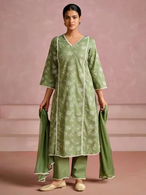Green Floral Embroidered Cotton Kurta Set With Dupatta
