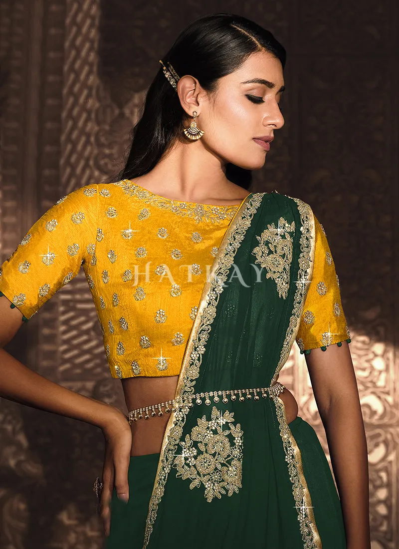 Green Yellow Traditional Zari Embroidered Party Wear Saree