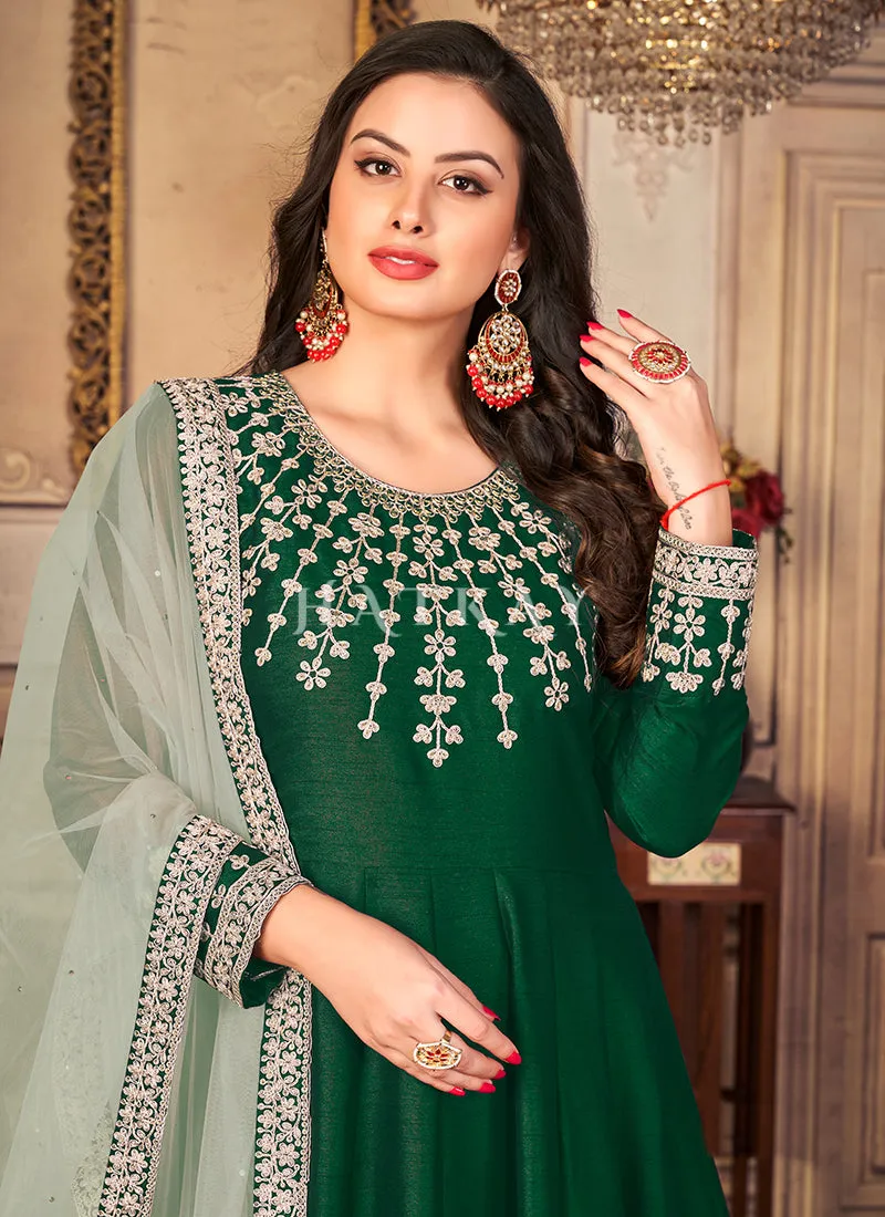 Green Zari Embroidered Festive Silk Anarkali Suit