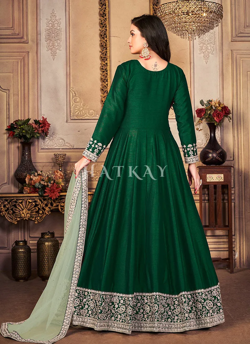 Green Zari Embroidered Festive Silk Anarkali Suit