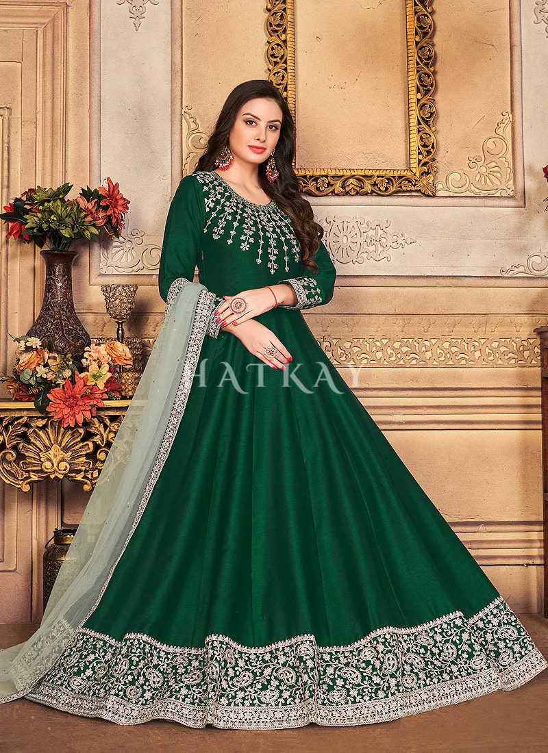 Green Zari Embroidered Festive Silk Anarkali Suit