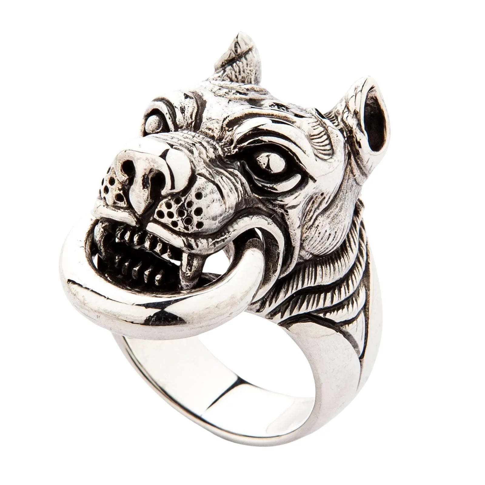 Guardian Pitbull Dog Head Sterling Silver Biker Ring