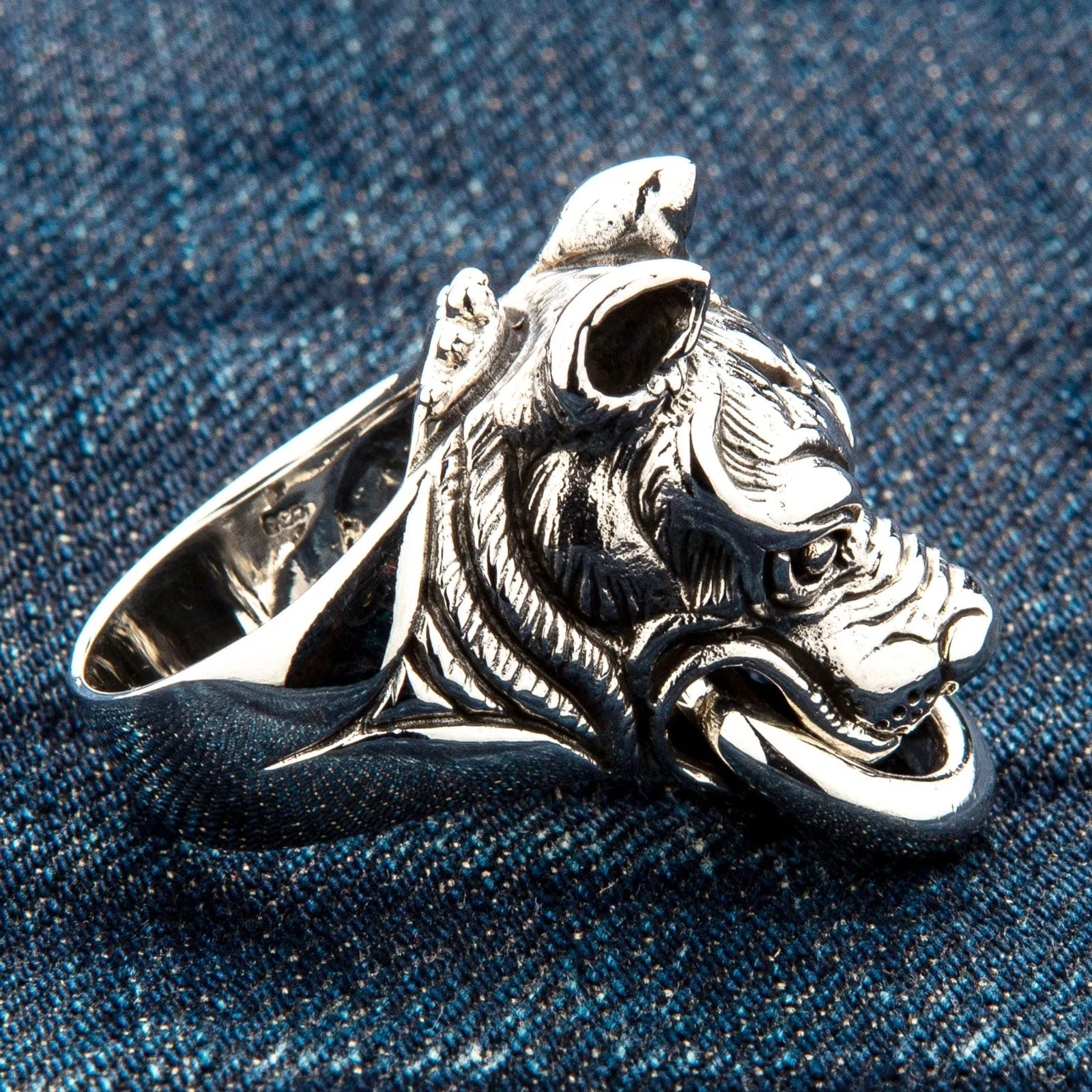 Guardian Pitbull Dog Head Sterling Silver Biker Ring