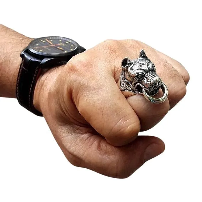 Guardian Pitbull Dog Head Sterling Silver Biker Ring