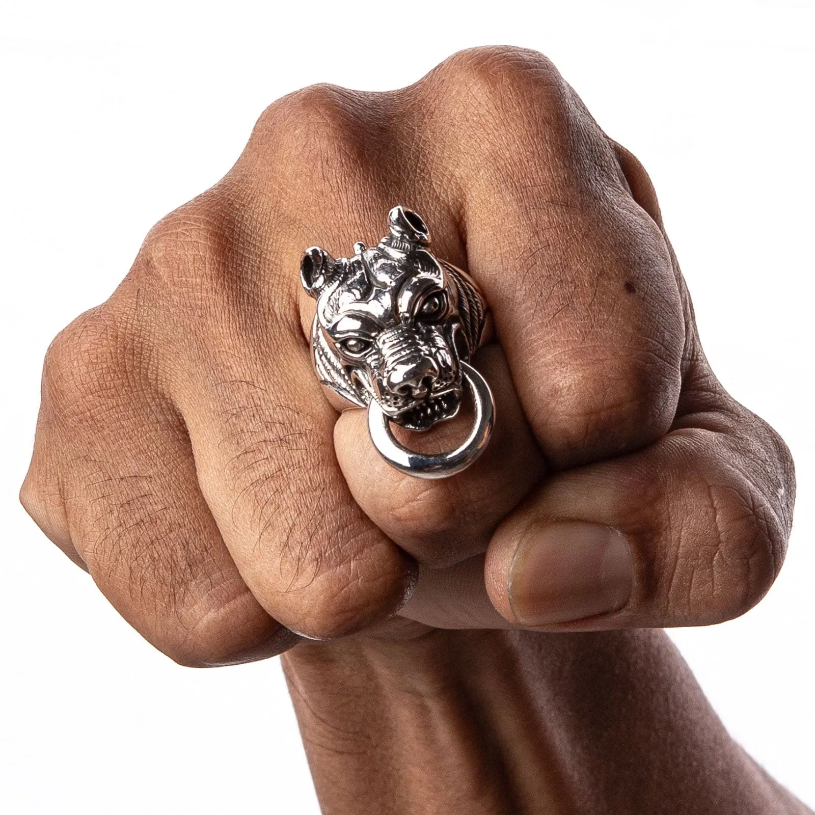 Guardian Pitbull Dog Head Sterling Silver Biker Ring