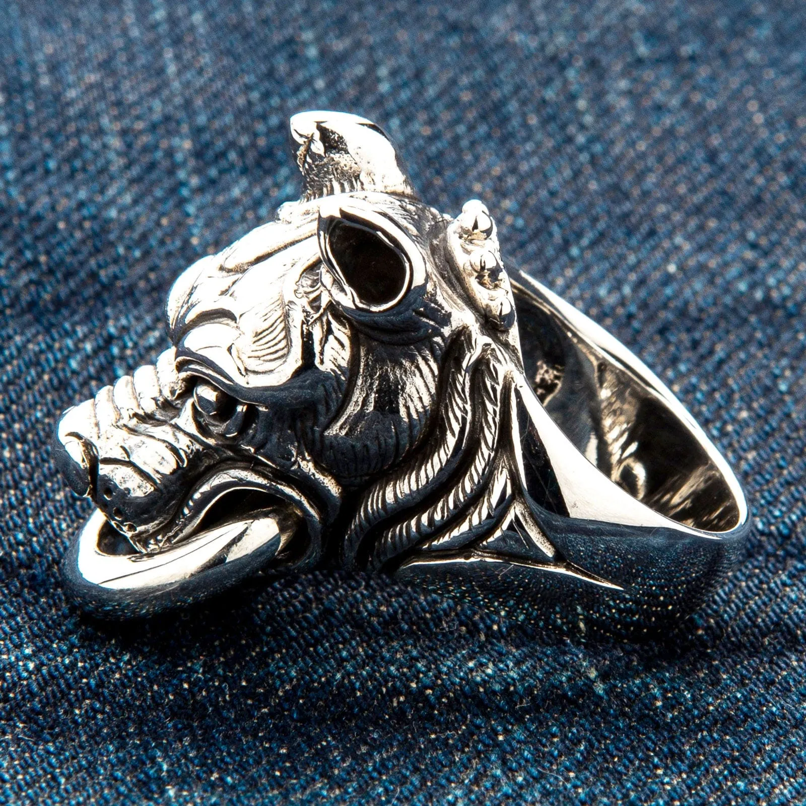 Guardian Pitbull Dog Head Sterling Silver Biker Ring