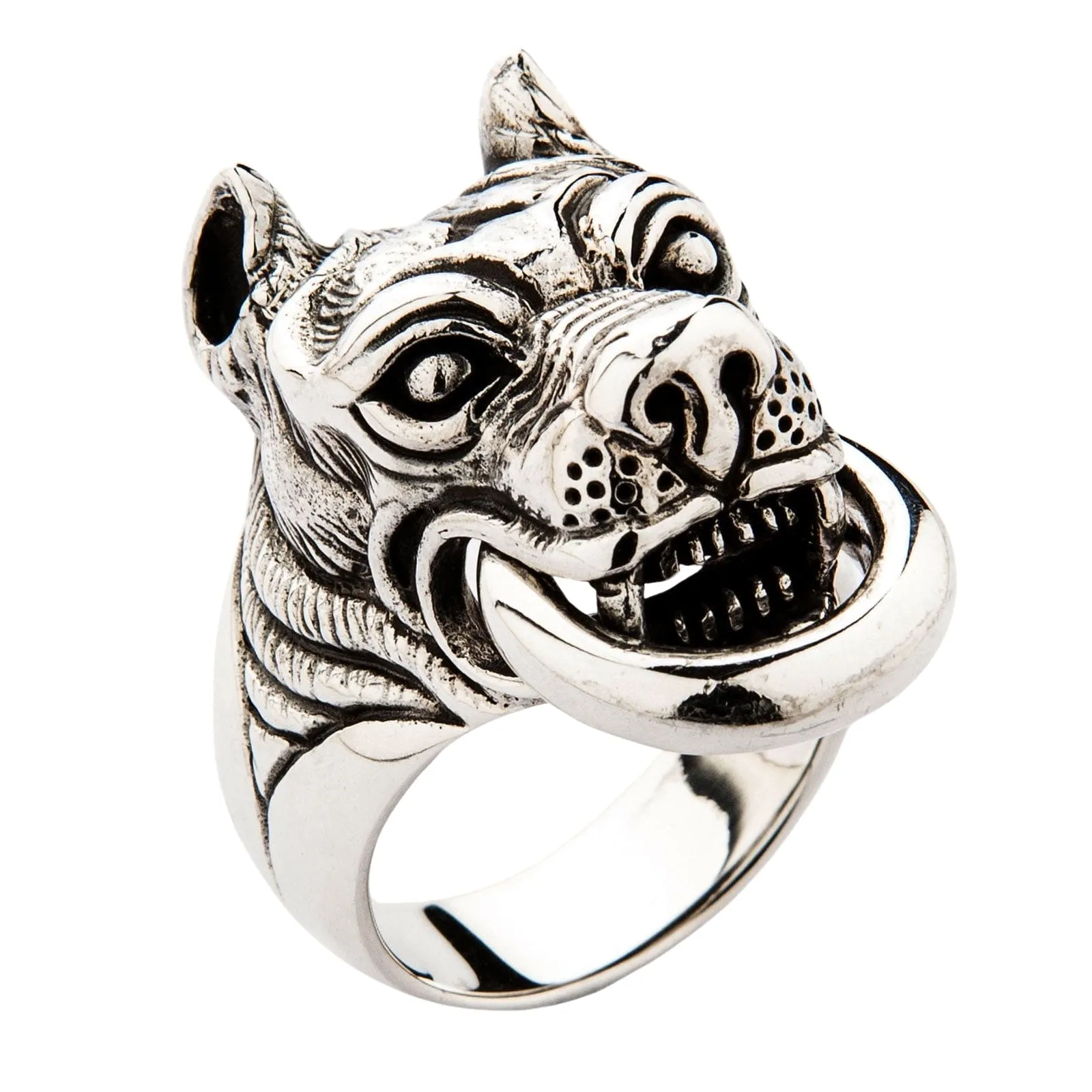 Guardian Pitbull Dog Head Sterling Silver Biker Ring