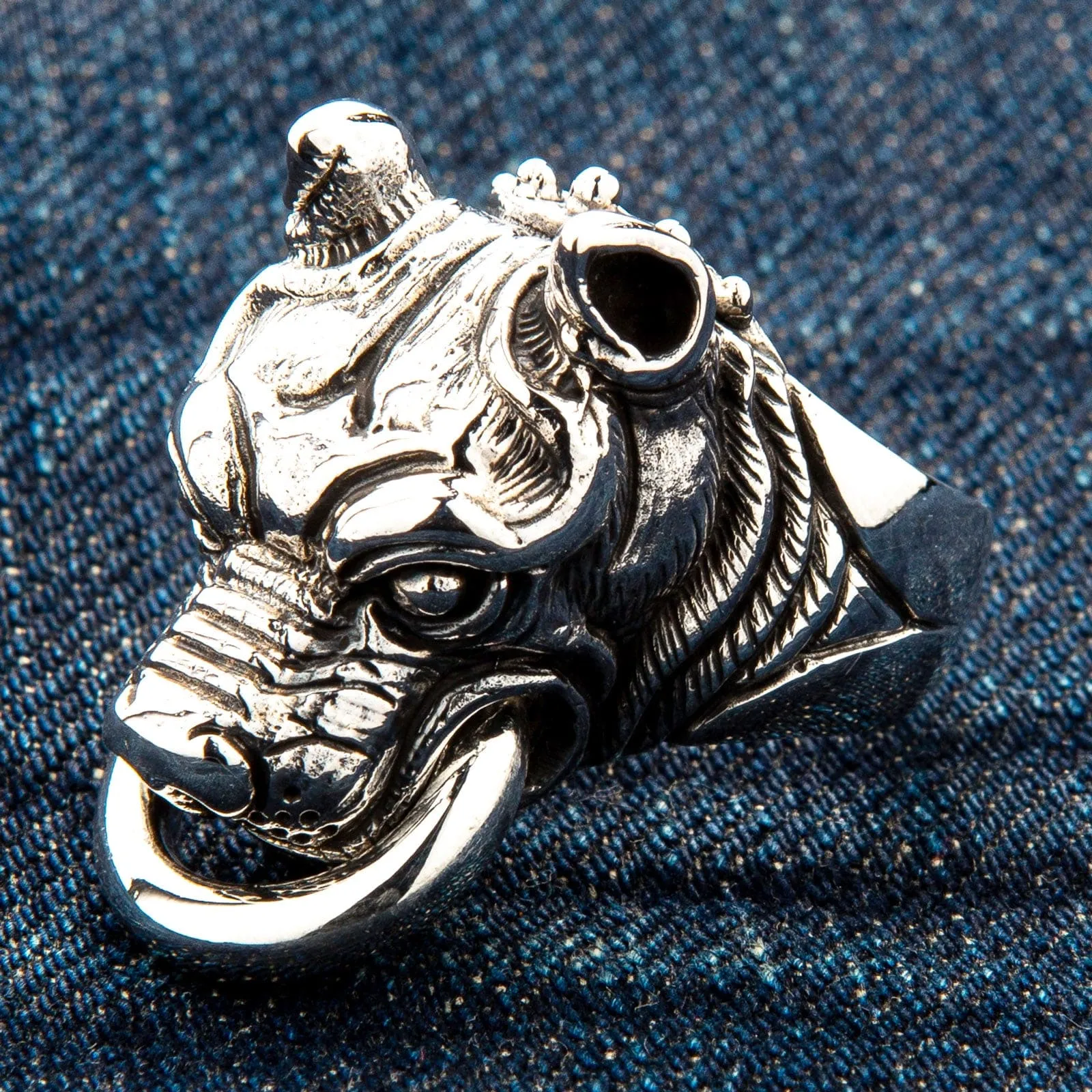 Guardian Pitbull Dog Head Sterling Silver Biker Ring