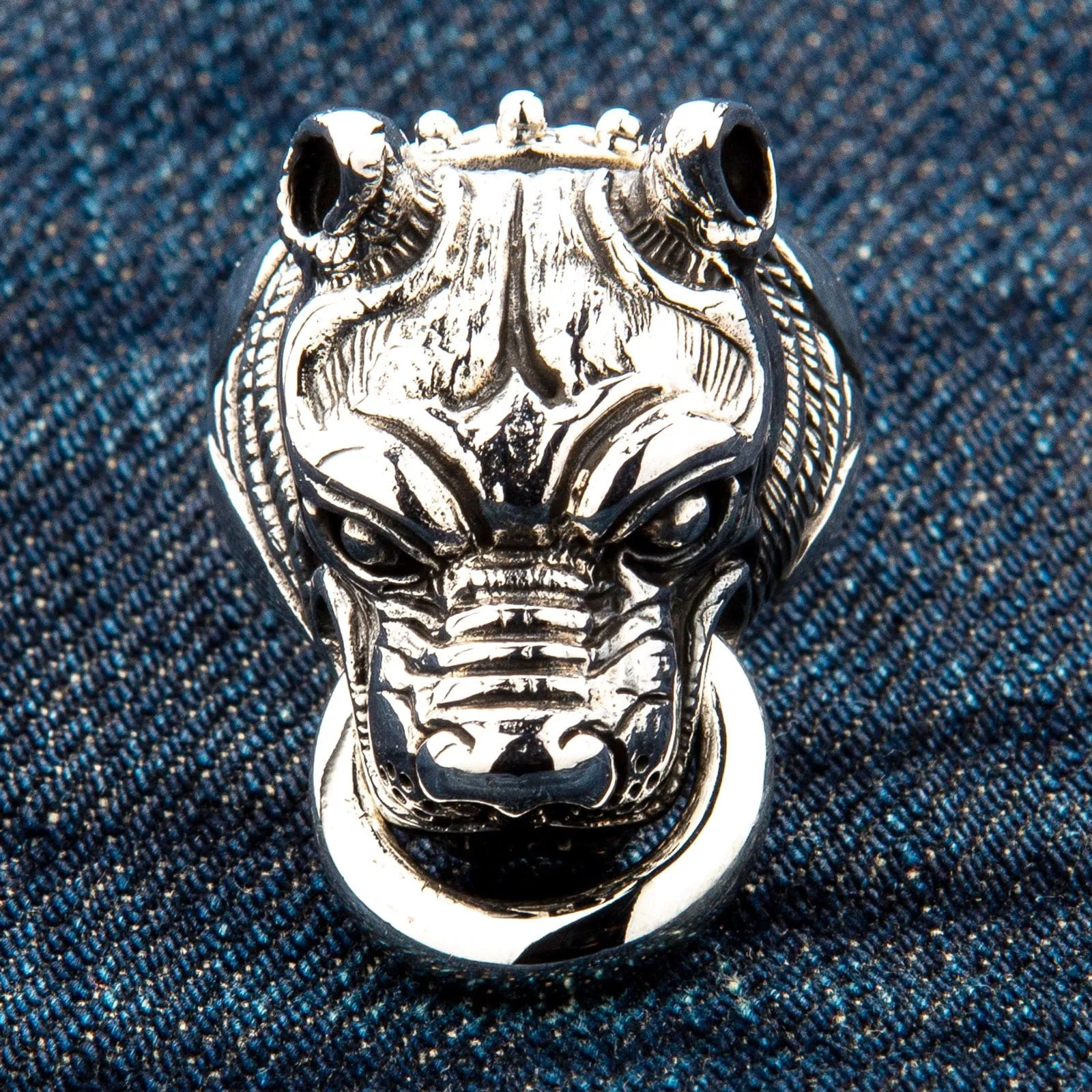 Guardian Pitbull Dog Head Sterling Silver Biker Ring