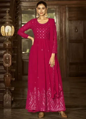 Hot Pink Sequence Embroidery Anarkali Palazzo Suit