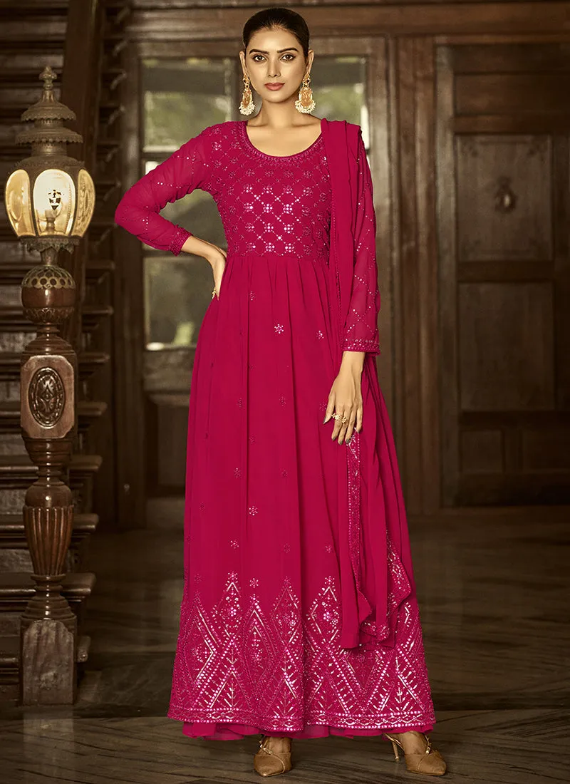 Hot Pink Sequence Embroidery Anarkali Palazzo Suit