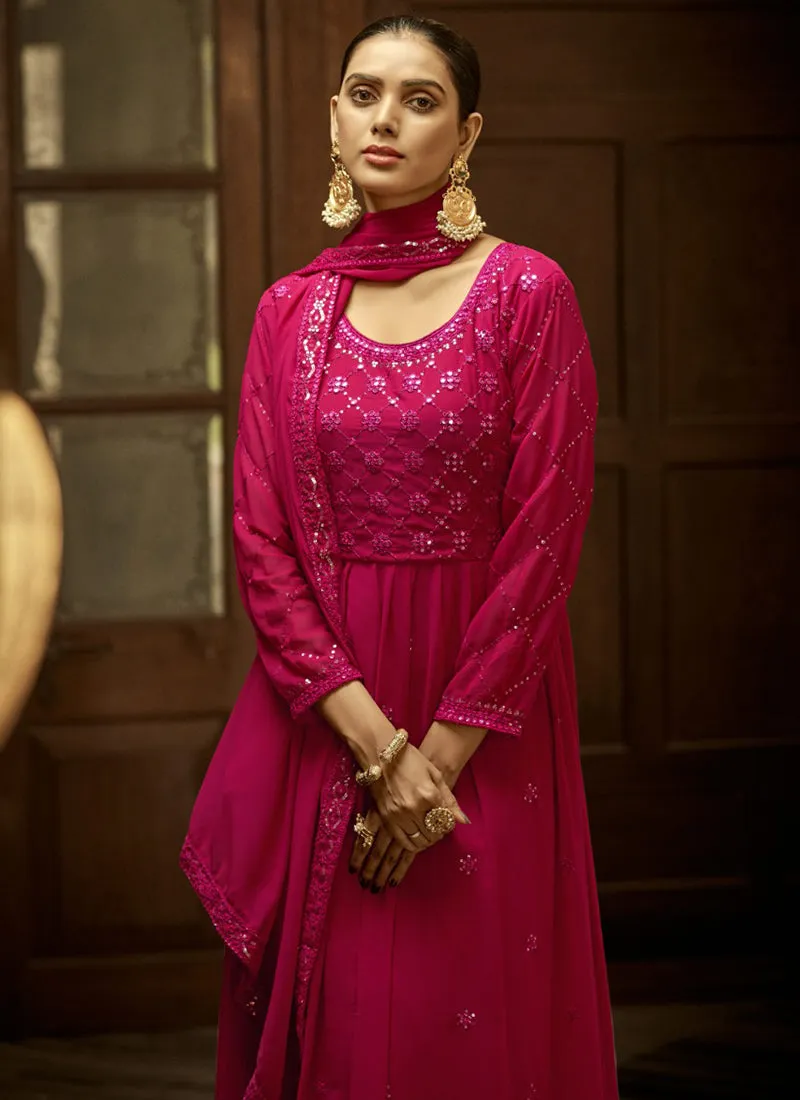 Hot Pink Sequence Embroidery Anarkali Palazzo Suit