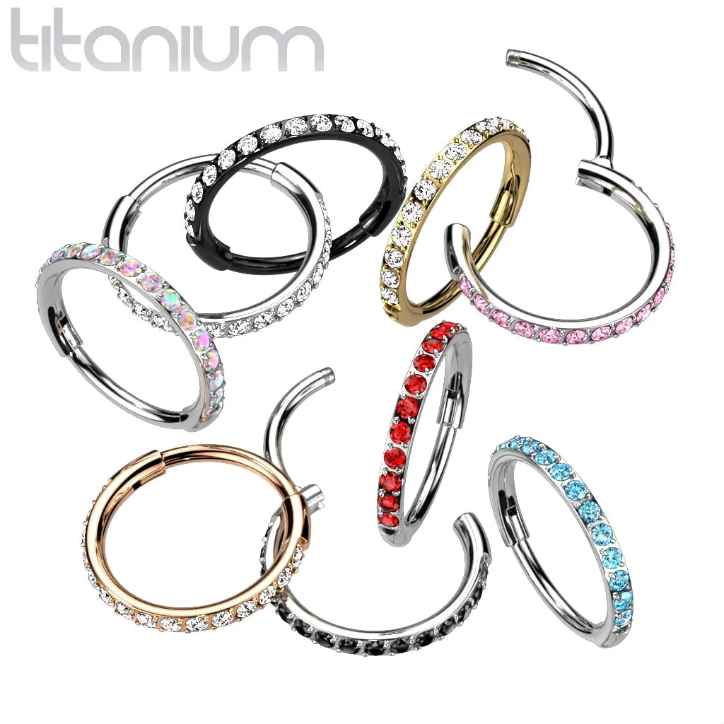 Implant Grade Titanium Pave Aurora Borealis CZ Nose Hoop Hinged Clicker Ring