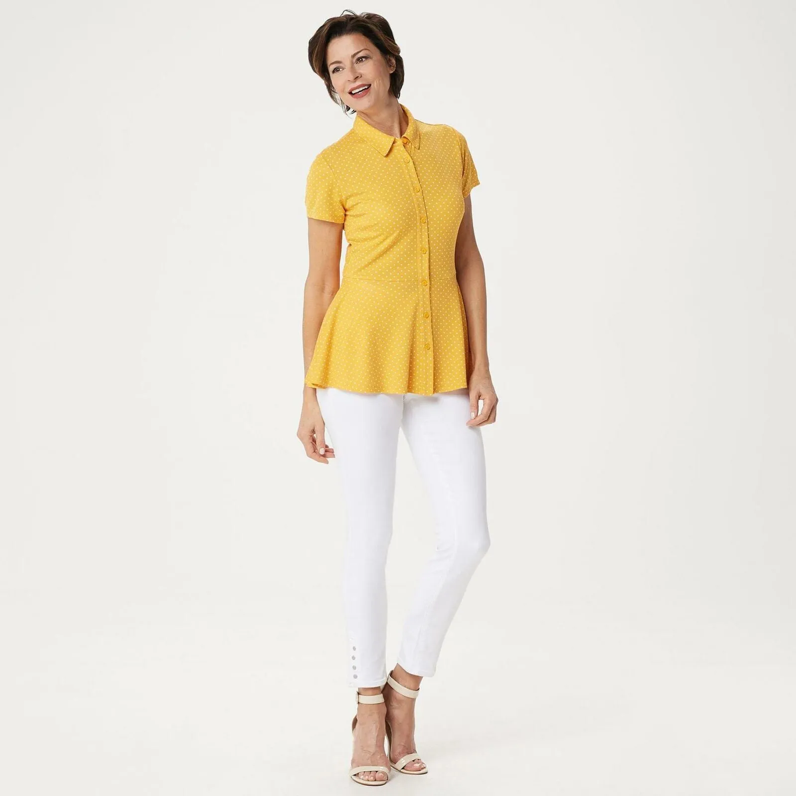 Isaac Mizrahi Live! Women's Polka Dot Button Front Knit Peplum Top