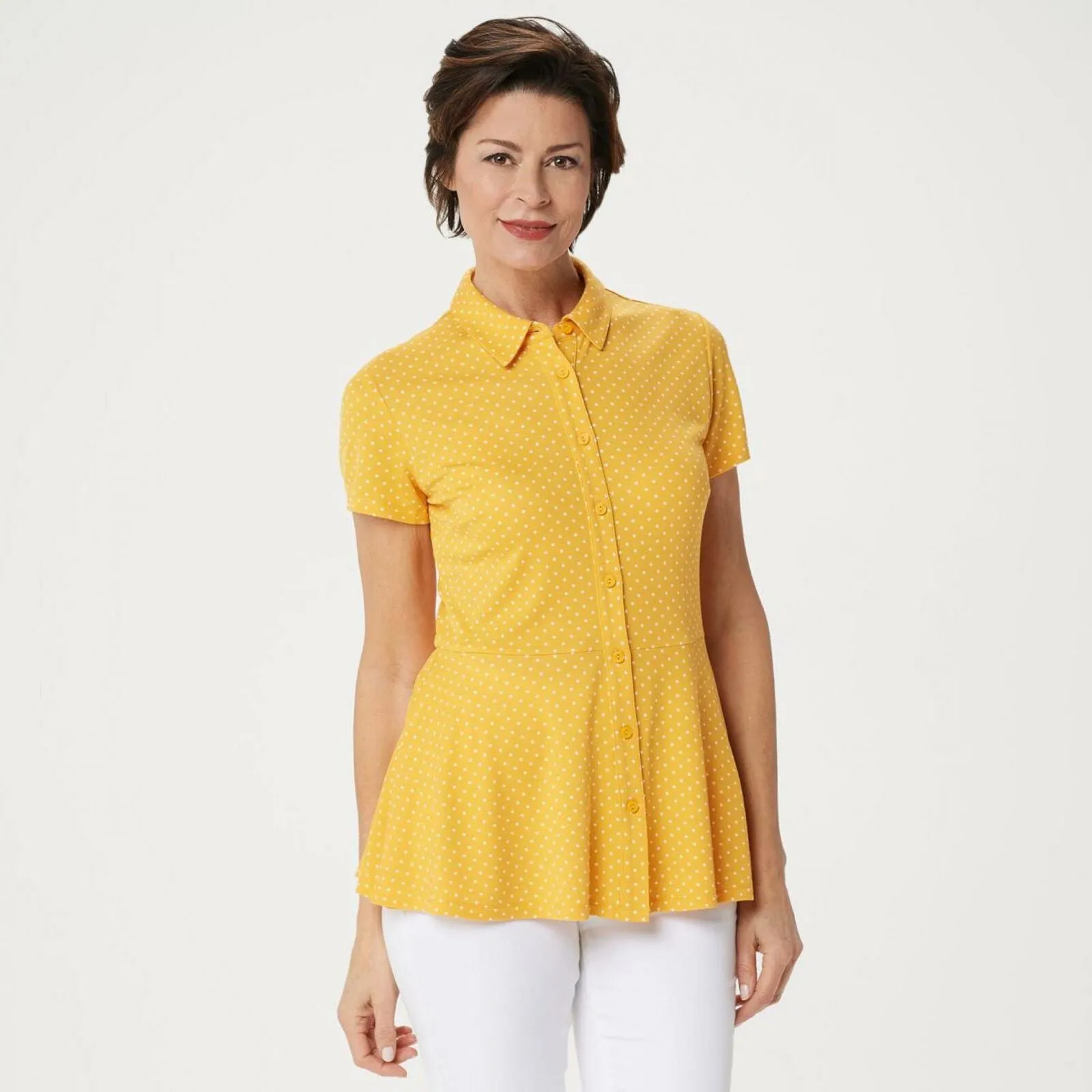 Isaac Mizrahi Live! Women's Polka Dot Button Front Knit Peplum Top