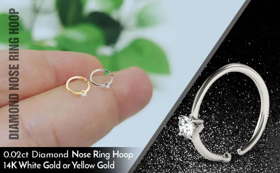 JewelMore 0.02ct Diamond Nose Ring Hoop - 14K White Gold or Yellow Gold