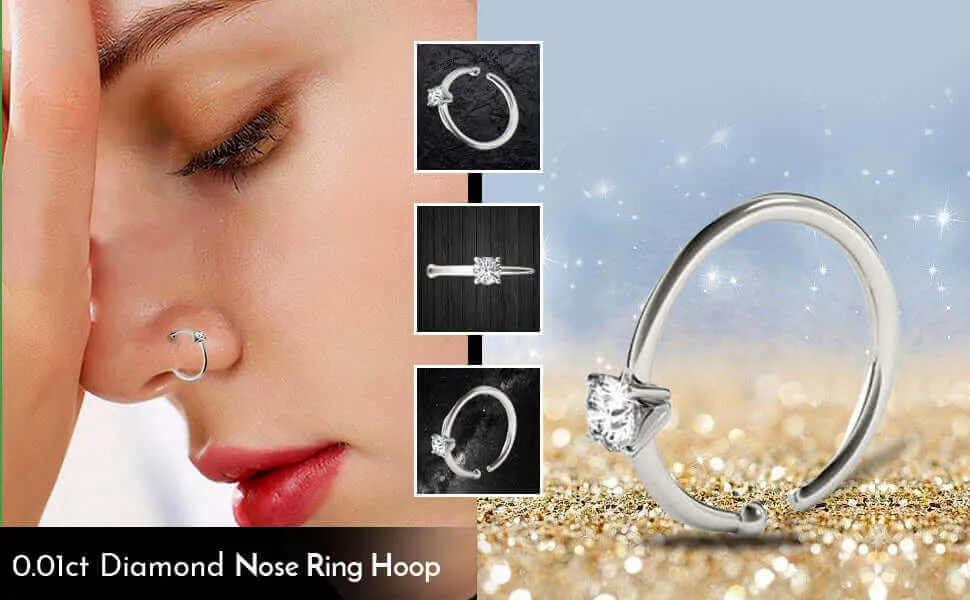 JewelMore 0.02ct Diamond Nose Ring Hoop - 14K White Gold or Yellow Gold