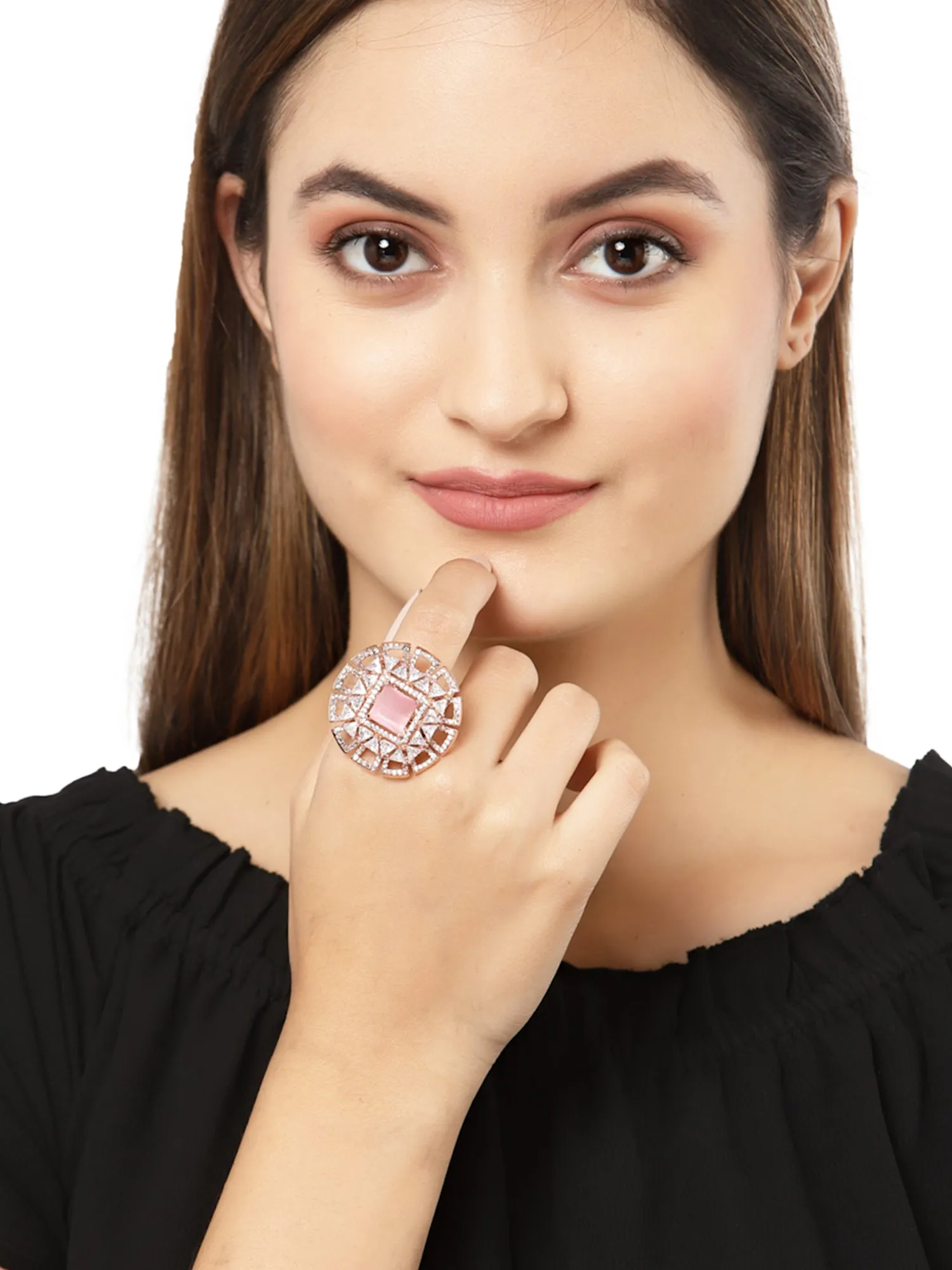 Karatcart Rose Gold Plated American Diamond Floral Shape Rings for Women