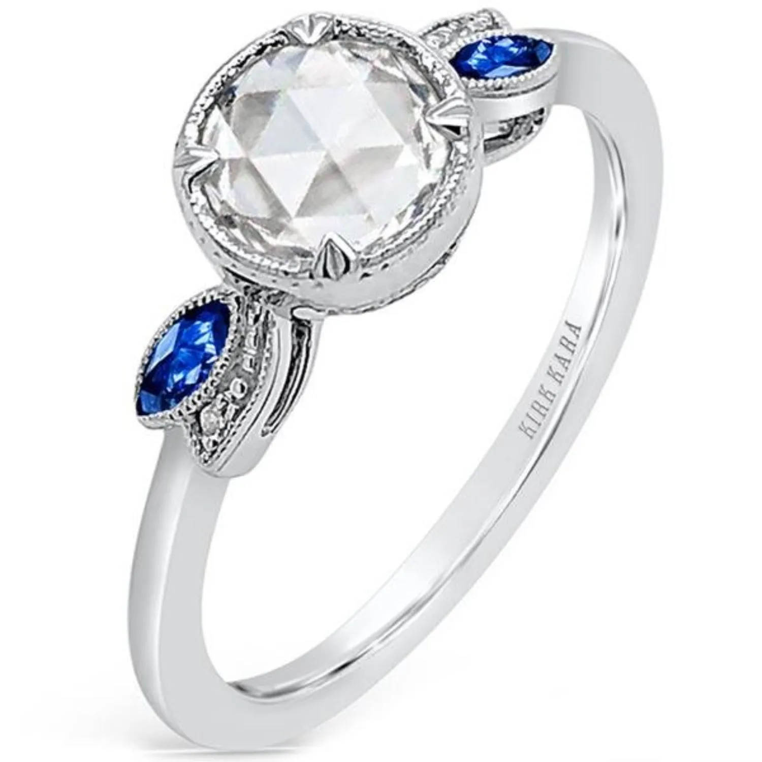 Kirk Kara "Dahlia" Rose Cut Diamond & Blue Sapphire Engagement Ring