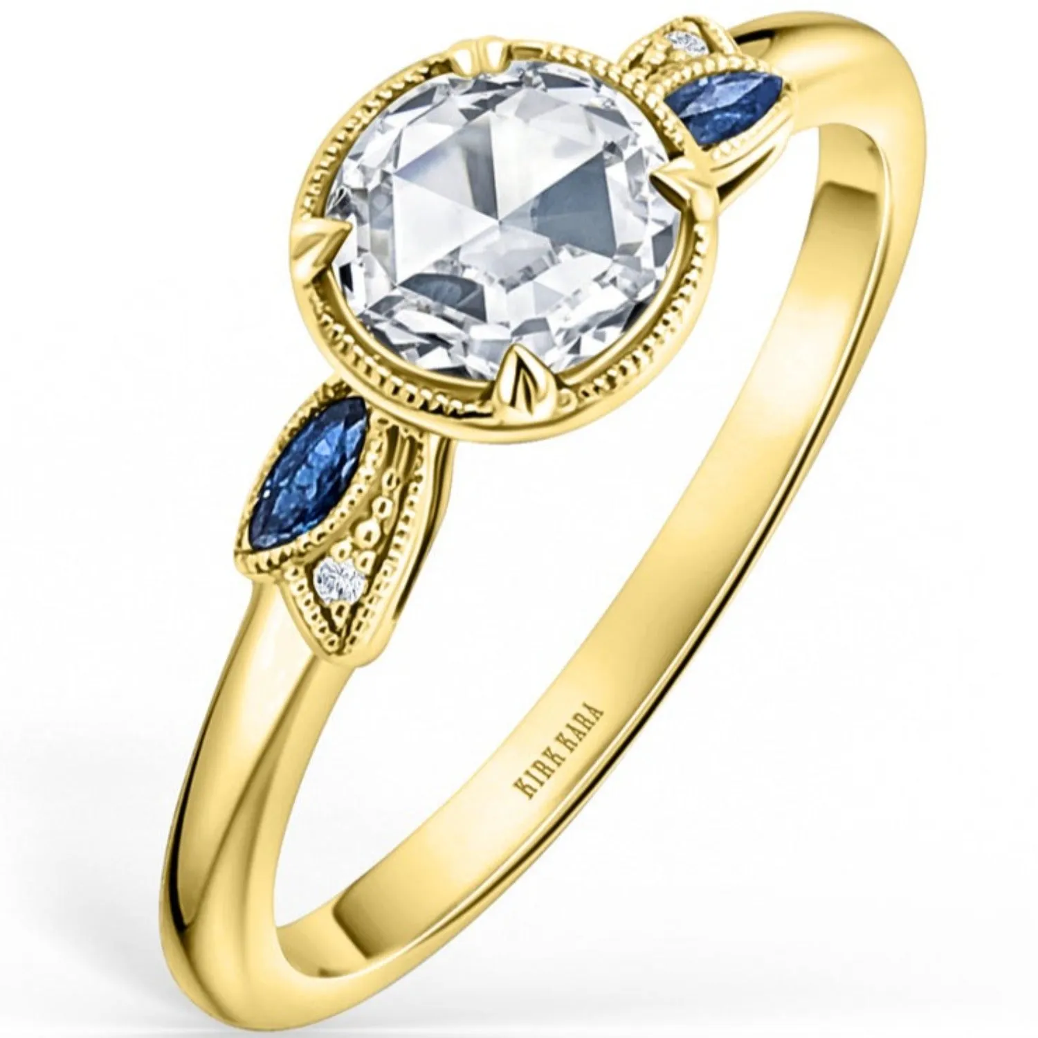 Kirk Kara "Dahlia" Rose Cut Diamond & Blue Sapphire Engagement Ring