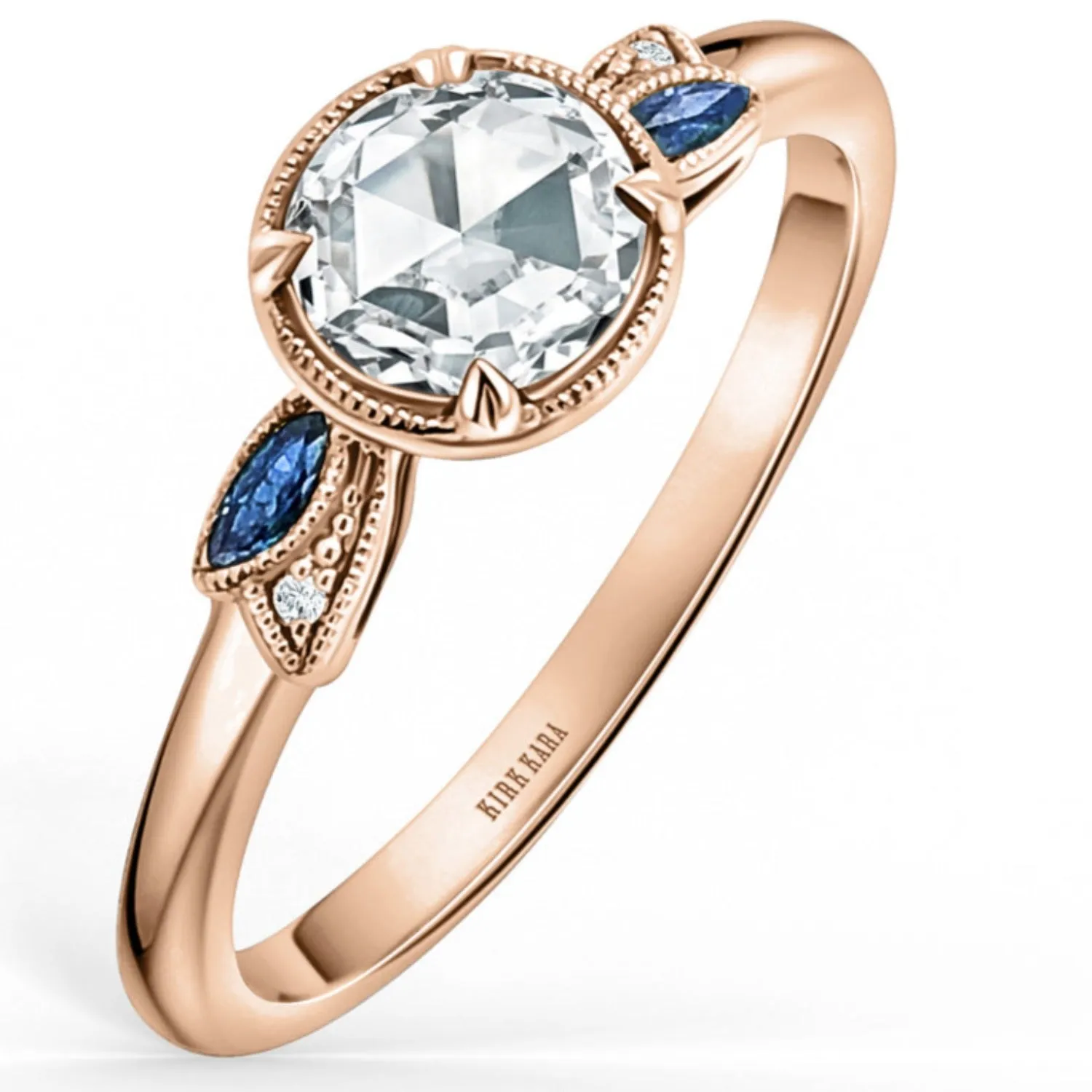 Kirk Kara "Dahlia" Rose Cut Diamond & Blue Sapphire Engagement Ring
