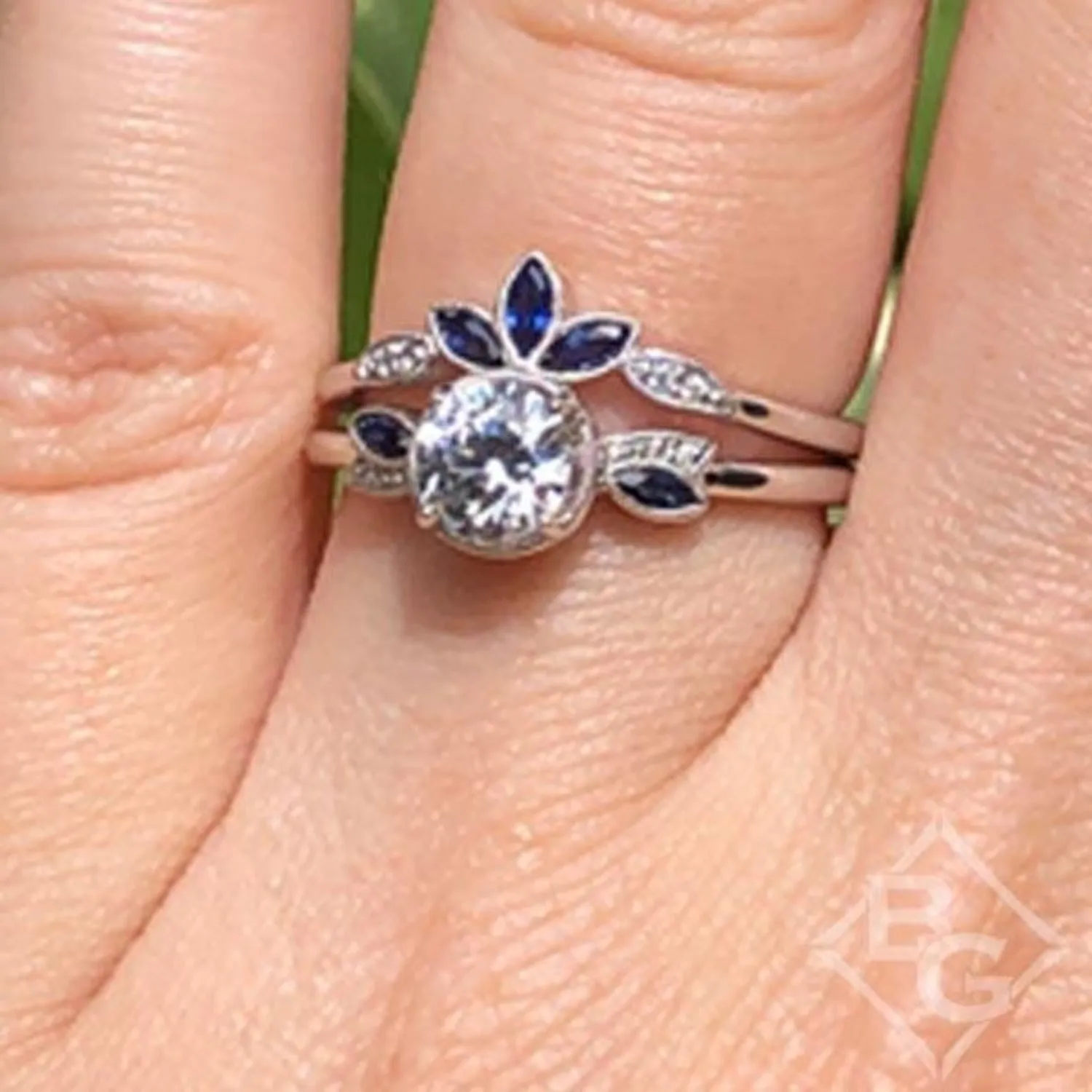 Kirk Kara "Dahlia" Rose Cut Diamond & Blue Sapphire Engagement Ring