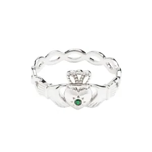 Ladies Sterling Silver Claddagh Ring with Infinity Band and Green CZ Stone SL116