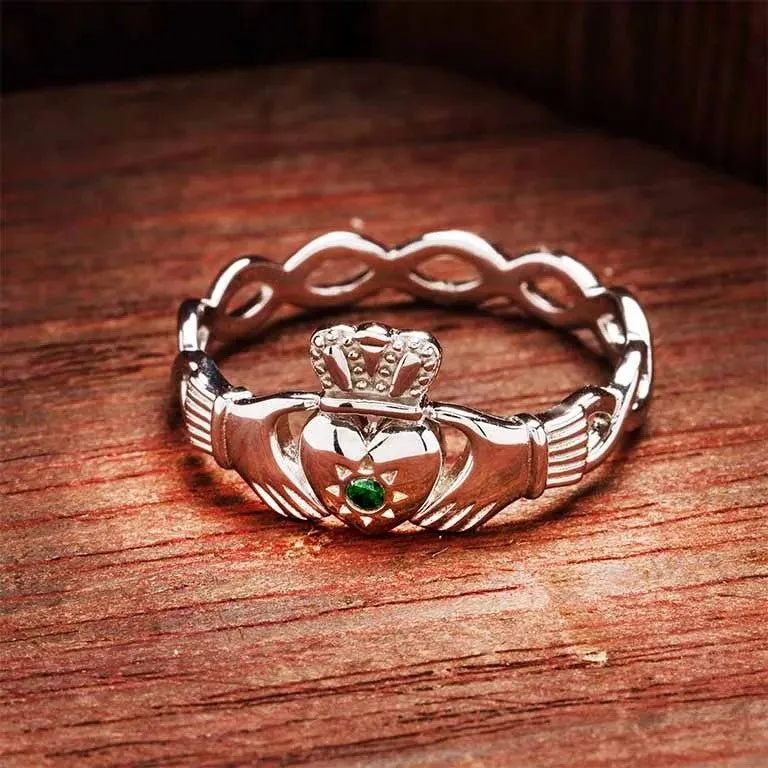 Ladies Sterling Silver Claddagh Ring with Infinity Band and Green CZ Stone SL116