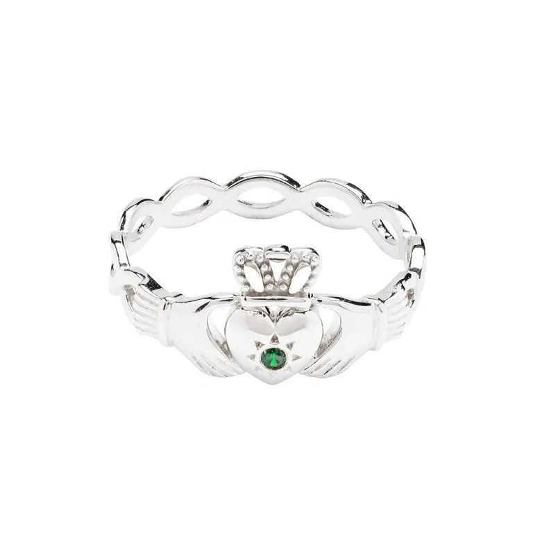 Ladies Sterling Silver Claddagh Ring with Infinity Band and Green CZ Stone SL116