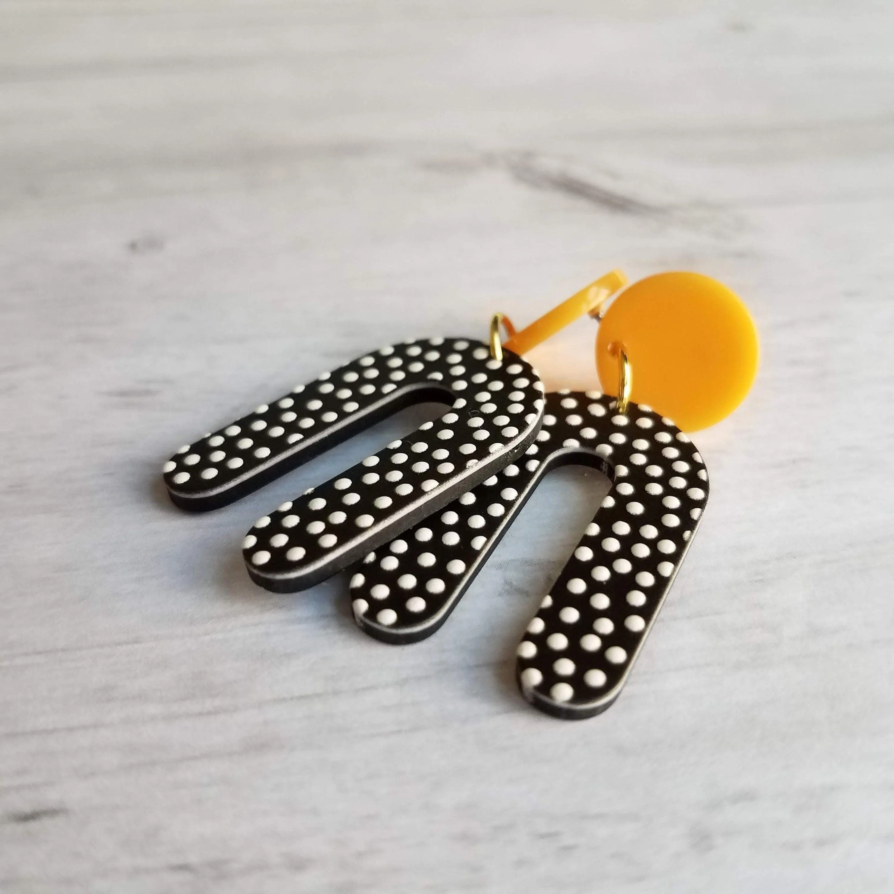 Large Chunky Earrings, 80s style earrings, 80's earrings, black white polka dot earring, U shape earrings acrylic dangle 2 in orange acetate