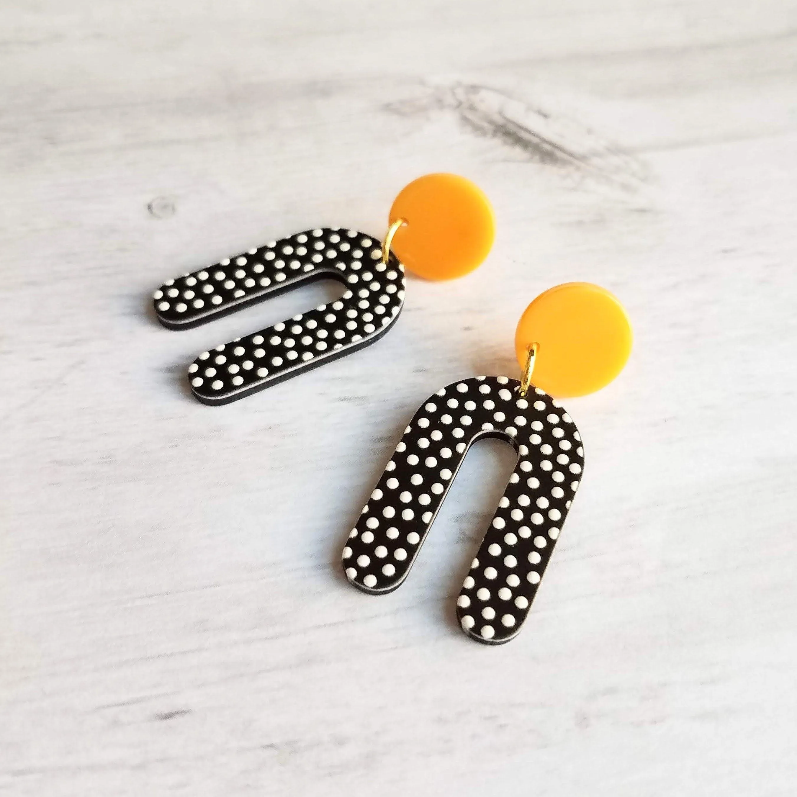 Large Chunky Earrings, 80s style earrings, 80's earrings, black white polka dot earring, U shape earrings acrylic dangle 2 in orange acetate