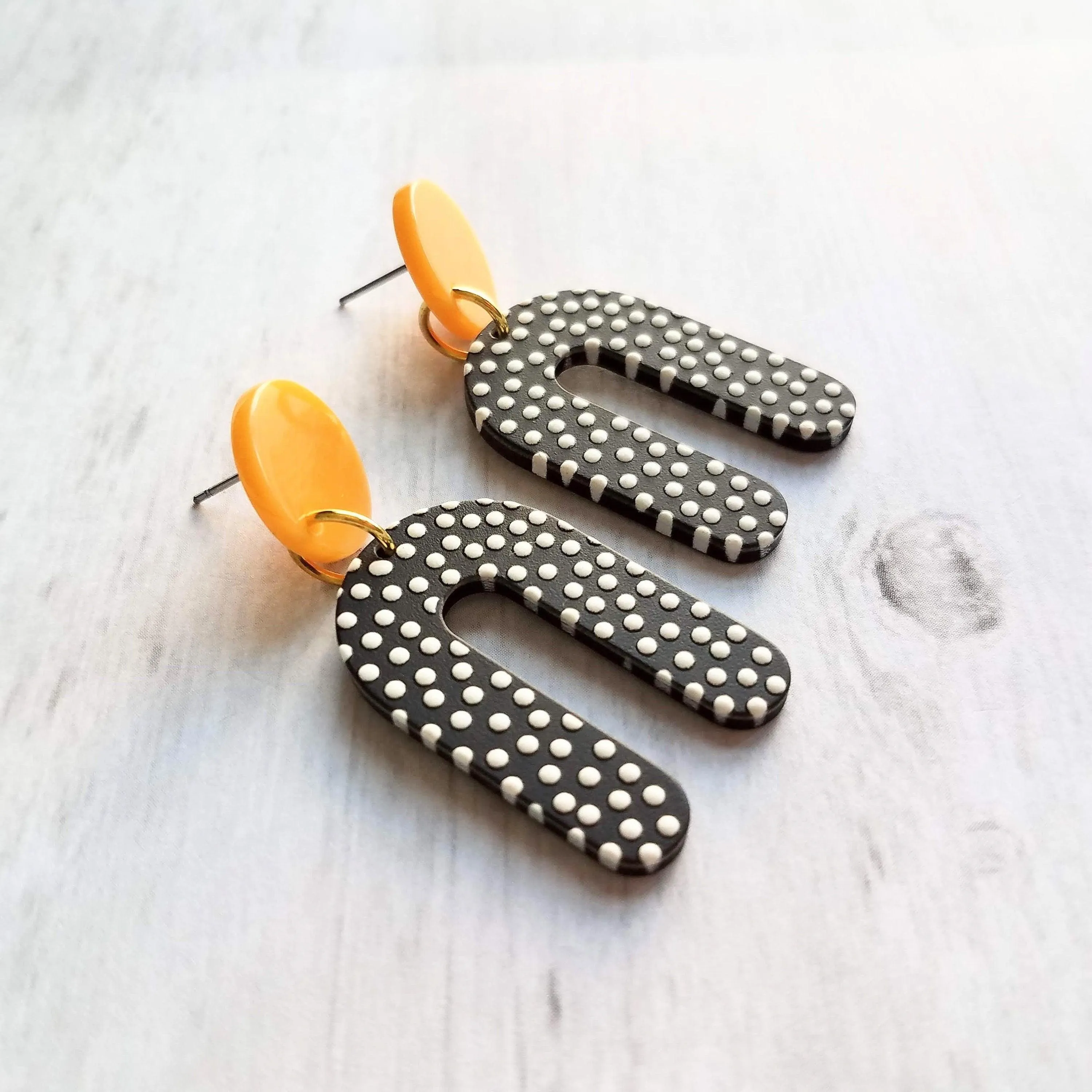 Large Chunky Earrings, 80s style earrings, 80's earrings, black white polka dot earring, U shape earrings acrylic dangle 2 in orange acetate