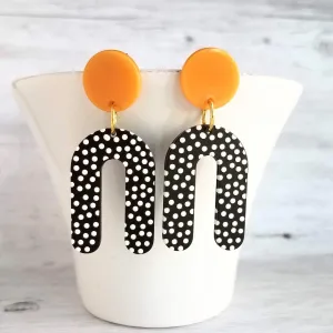 Large Chunky Earrings, 80s style earrings, 80's earrings, black white polka dot earring, U shape earrings acrylic dangle 2 in orange acetate